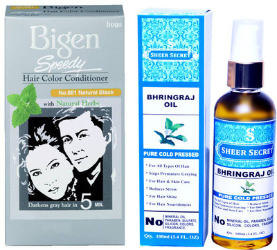 

SHEER SECRET BHRINGRAJ OIL 100 ML (PURE COLDPRESSED) and SPEEDY HAIR COLOUR NATURAL BLACK NO. 881(Set of 2)