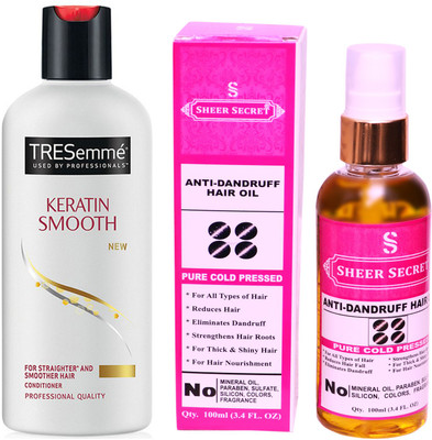 

SHEER SECRET ANTI DANDRUFF OIL 100ML (PURE COLD PRESSED) and TRESEMME 190 ML KERATIN SMOOTH CONDITIONER(Set of 2)