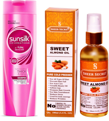 

SHEER SECRET SWEET ALMOND OIL 100ML (PURE COLD PRESSED) and SUNSILK 180 ML LUSCIOUSLY THICK AND LONG SHAMPOO(Set of 2)