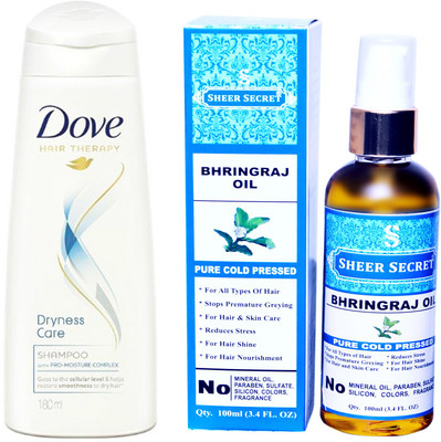 

SHEER SECRET BHRINGRAJ OIL 100ML (PURE COLD PRESSED) and DOVE 180 ML DRYNESS CARE SHAMPOO(Set of 2)