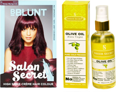 

SHEER SECRET OLIVE OIL 100 ML (PURE COLDPRESSED) and SALON SECRET HAIR COLOUR DEEP WINE BURGUNDY NO. 4.20(Set of 2)