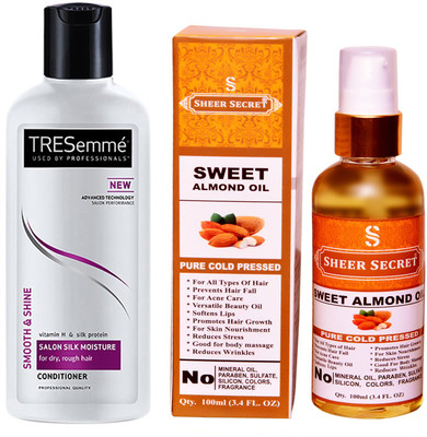 

SHEER SECRET SWEET ALMOND OIL 100ML (PURE COLD PRESSED) and 190 ML SALON SILK MOISTURE CONDITIONER(Set of 2)