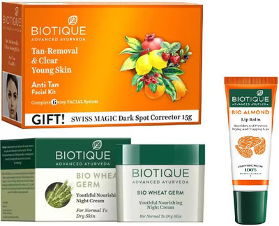 BIOTIQUE BIO anti-tan facial kit, WHEAT GERM YOUTHFUL NOURISHING NIGHT CREAM , LIP CARE(Set of 3)