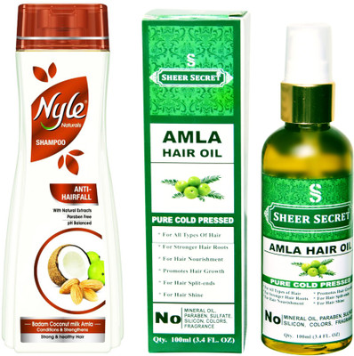 

SHEER SECRET AMLA HAIR OIL 100ML (PURE COLD PRESSED) and NYLE 400 ML ANTI HAIRFALL SHAMPOO(Set of 2)