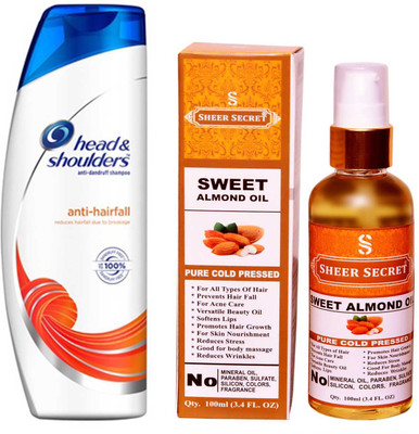 

SHEER SECRET SWEET ALMOND OIL 100ML (PURE COLD PRESSED) and HEAD & SHOULDERS 360 ML ANTI HAIRFALL SHAMPOO(Set of 2)