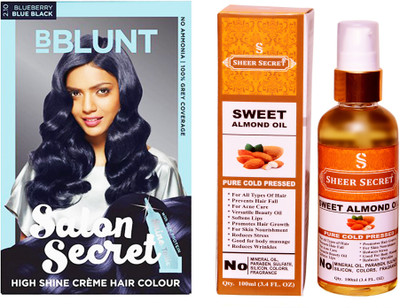 

SHEER SECRET SWEET ALMOND OIL 100 ML (PURE COLDPRESSED) and SALON SECRET HAIR COLOUR BLUEBERRY BLUE BLACK NO. 2.10(Set of 2)