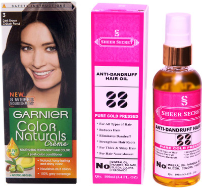 

SHEER SECRET ANTI DANDRUFF OIL 100 ML (PURE COLDPRESSED) and HAIR COLOUR BOX DARK BROWN NO. 3(Set of 2)