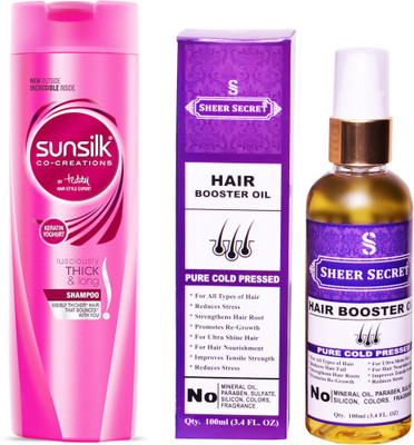 

SHEER SECRET HAIR BOOSTER OIL 100ML (PURE COLD PRESSED) and SUNSILK 180 ML LUSCIOUSLY THICK AND LONG SHAMPOO(Set of 2)