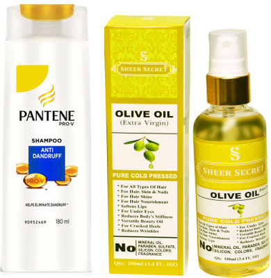 

SHEER SECRET OLIVE OIL 100ML (PURE COLD PRESSED) and PANTENE 180 ML ANTI DANDRUFF SHAMPOO(Set of 2)