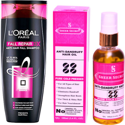 

SHEER SECRET ANTI DANDRUFF OIL 100 ML (PURE COLDPRESSED) and LOREAL FALL RESIST 3X SHAMPOO 175ML(Set of 2)