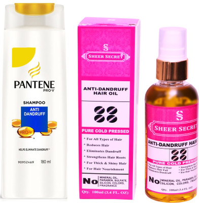 

SHEER SECRET ANTI DANDRUFF OIL 100ML (PURE COLD PRESSED) and PANTENE 180 ML ANTI DANDRUFF SHAMPOO(Set of 2)