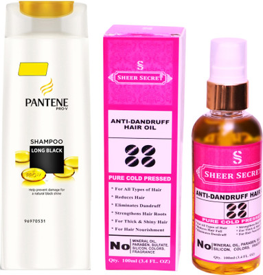 

SHEER SECRET ANTI DANDRUFF OIL 100ML (PURE COLD PRESSED) and PANTENE LONG BLACK SHAMPOO 340 ML(Set of 2)