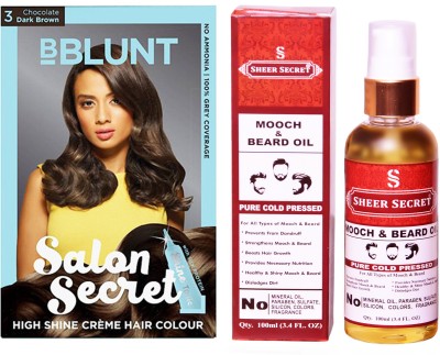 

SHEER SECRET MOOCH AND BEARD OIL 100 ML (PURE COLDPRESSED) and SALON SECRET HAIR COLOUR CHOCOLATE DARK BROWN NO. 3(Set of 2)