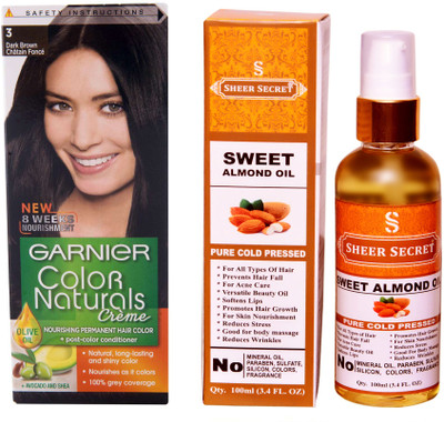 

SHEER SECRET SWEET ALMOND OIL 100 ML (PURE COLDPRESSED) and HAIR COLOUR BOX DARK BROWN NO. 3(Set of 2)