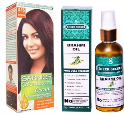 

SHEER SECRET BRAHMI OIL 100 ML (PURE COLDPRESSED) and HAIR COLOUR BOX BURGUNDY NO. 3.16(Set of 2)