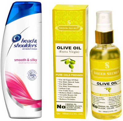 

SHEER SECRET OLIVE OIL 100ML (PURE COLD PRESSED) and HEAD & SHOULDERS 180 ML SMOOTH AND SILKY SHAMPOO(Set of 2)