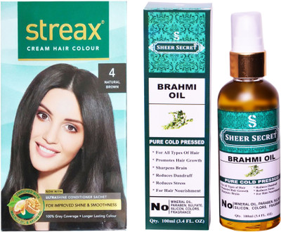 

SHEER SECRET BRAHMI OIL 100 ML (PURE COLDPRESSED) and STREAX COLOUR REGULAR NATURAL BROWN NO. 4(Set of 2)