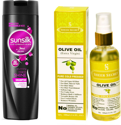 

SHEER SECRET OLIVE OIL 100ML (PURE COLD PRESSED) and SUNSILK 180 ML STUNNING BLACK SHINE SHAMPOO(Set of 2)