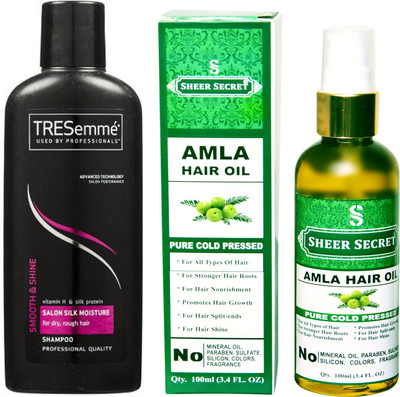 

SHEER SECRET AMLA OIL 100ML (PURE COLD PRESSED) and TRESEMME 190 ML SALON SILK MOISTURE SHAMPOO(Set of 2)