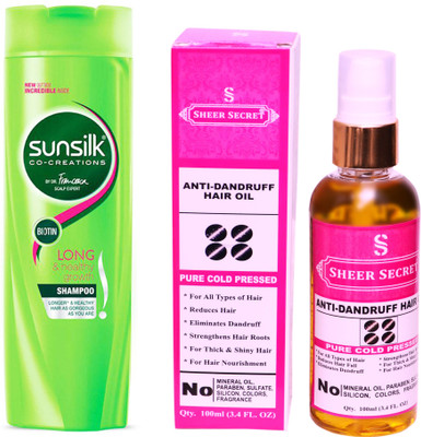 

SHEER SECRET ANTI DANDRUFF OIL 100ML (PURE COLD PRESSED) and SUNSILK 180 ML LONG AND HEALTHY GROWTH SHAMPOO(Set of 2)