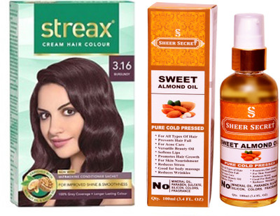 

SHEER SECRET SWEET ALMOND OIL 100 ML (PURE COLDPRESSED) and STREAX COLOUR REGULAR BURGUNDY NO. 3.16(Set of 2)