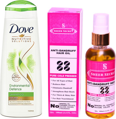 SHEER SECRET ANTI DANDRUFF OIL 100ML (PURE COLD PRESSED) and 180 ML ENVIRONMENTAL DEFENCE SHAMPOO(Set of 2)