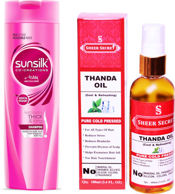 

SHEER SECRET THANDA OIL 100ML (PURE COLD PRESSED) and SUNSILK 180 ML LUSCIOUSLY THICK AND LONG SHAMPOO(Set of 2)