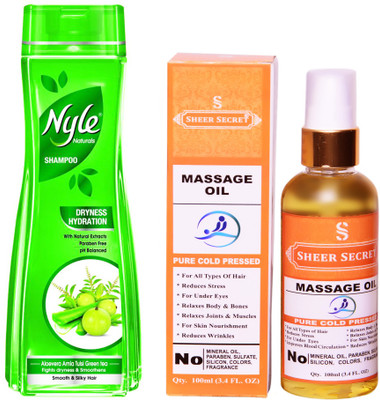 

SHEER SECRET MASSAGE OIL 100ML (PURE COLD PRESSED) and NYLE 400 ML DRYNESS HYDRATION SHAMPOO(Set of 2)