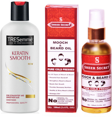 

SHEER SECRET MOOCH AND BEARD OIL 100ML (PURE COLD PRESSED) and TRESEMME 190 ML KERATIN SMOOTH CONDITIONER(Set of 2)