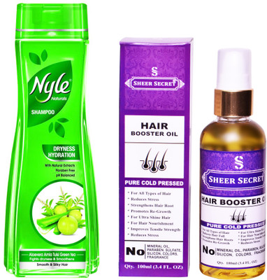 

SHEER SECRET HAIR BOOSTER OIL 100ML (PURE COLD PRESSED) and NYLE 400 ML DRYNESS HYDRATION SHAMPOO(Set of 2)