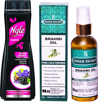 

SHEER SECRET BRAHMI OIL 100ML (PURE COLD PRESSED) and NYLE 400 ML VOLUME ENHANCE SHAMPOO(Set of 2)