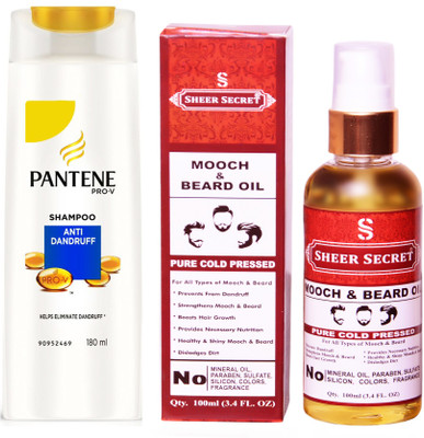 

SHEER SECRET MOOCH AND BEARD OIL 100ML (PURE COLD PRESSED) and PANTENE 180 ML ANTI DANDRUFF SHAMPOO(Set of 2)