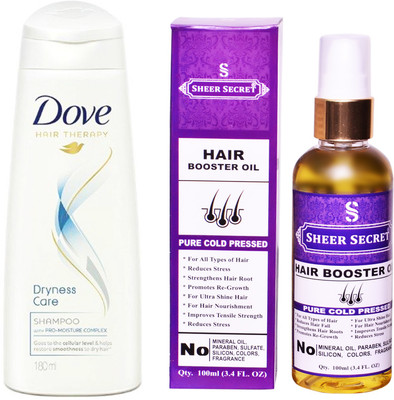 

SHEER SECRET HAIR BOOSTER OIL 100ML (PURE COLD PRESSED) and DOVE 180 ML DRYNESS CARE SHAMPOO(Set of 2)