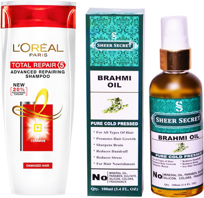 

SHEER SECRET BRAHMI OIL 100 ML (PURE COLDPRESSED) and LOREAL TOTAL REPAIR 5 SHAMPOO 175ML(Set of 2)