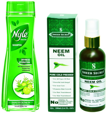 

SHEER SECRET NEEM OIL 100ML (PURE COLD PRESSED) and NYLE 400 ML DRYNESS HYDRATION SHAMPOO(Set of 2)
