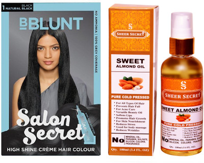 

SHEER SECRET SWEET ALMOND OIL 100 ML (PURE COLDPRESSED) and SALON SECRET HAIR COLOUR NATURAL BLACK NO. 1(Set of 2)