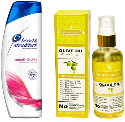 

SHEER SECRET OLIVE OIL 100ML (PURE COLD PRESSED) and HEAD & SHOULDERS 360 ML SMOOTH AND SILKY SHAMPOO(Set of 2)