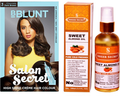 

SHEER SECRET SWEET ALMOND OIL 100 ML (PURE COLDPRESSED) and SALON SECRET HAIR COLOUR CHOCOLATE DARK BROWN NO. 3(Set of 2)