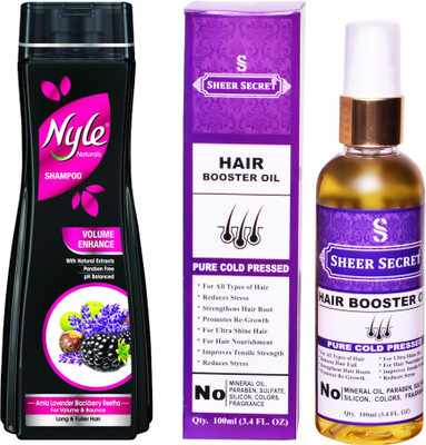 

SHEER SECRET HAIR BOOSTER OIL 100ML (PURE COLD PRESSED) and NYLE 400 ML VOLUME ENHANCE SHAMPOO(Set of 2)