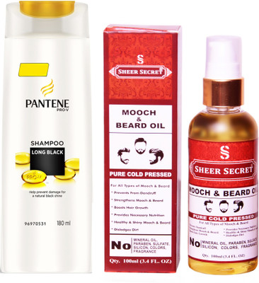 

SHEER SECRET MOOCH AND BEARD OIL 100ML (PURE COLD PRESSED) and PANTENE 180 ML LONG BLACK SHAMPOO(Set of 2)