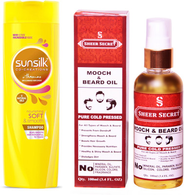 

SHEER SECRET MOOCH AND BEARD OIL 100ML (PURE COLD PRESSED) and SUNSILK 180 ML NOURISHING SOFT AND SMOOTH SHAMPOO(Set of 2)