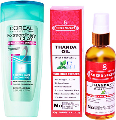 

SHEER SECRET THANDA OIL 100 ML (PURE COLDPRESSED) and LOREAL EXTRA ORDINARY CLAY SHAMPOO 175ML(Set of 2)