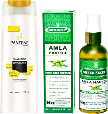 

SHEER SECRET AMLA OIL 100ML (PURE COLD PRESSED) and PANTENE 180 ML LONG BLACK SHAMPOO(Set of 2)