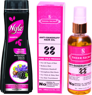 

SHEER SECRET ANTI DANDRUFF OIL 100ML (PURE COLD PRESSED) and NYLE 400 ML VOLUME ENHANCE SHAMPOO(Set of 2)
