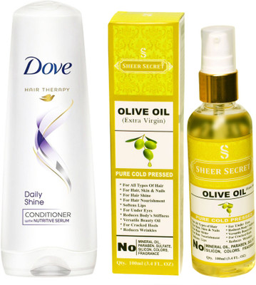 

SHEER SECRET OLIVE OIL 100ML (PURE COLD PRESSED) and DOVE 180 ML DAILY SHINE CONDITIONER(Set of 2)