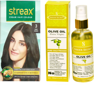 

SHEER SECRET OLIVE OIL 100 ML (PURE COLDPRESSED) and STREAX COLOUR REGULAR DARK BROWN NO. 3(Set of 2)