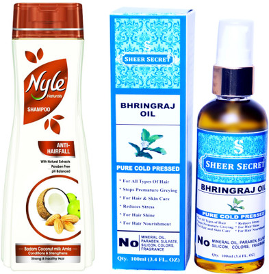 SHEER SECRET BHRINGRAJ OIL 100ML (PURE COLD PRESSED) and NYLE 400 ML ANTI HAIRFALL SHAMPOO(Set of 2)