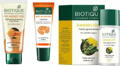 

BIOTIQUE BIO Honey Refreshing Foaming Face Wash, Dandelion Ageless Lightening Serum , LIP CARE(Set of 3)