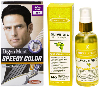 

SHEER SECRET OLIVE OIL 100 ML (PURE COLDPRESSED) and SPEEDY HAIR COLOUR NATURAL BLACK NO. 101(Set of 2)