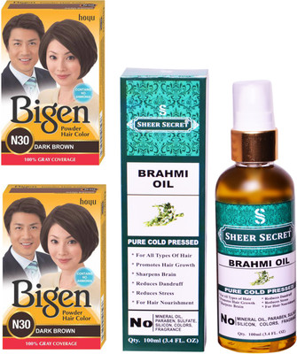 

SHEER SECRET BRAHMI OIL 100 ML (PURE COLDPRESSED) and HAIR COLOUR 2 DARK BROWN N30(Set of 2)